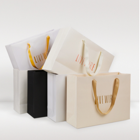 Take Out Paper Gift Shopping Bags With Ribbon Handle Custom Hot Stamping Logo 