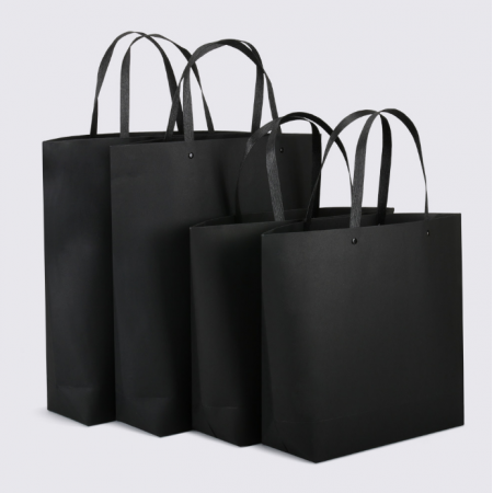 Black Paper Flat Handle Rigid Paper Bag White Cardboard Custom Logo 