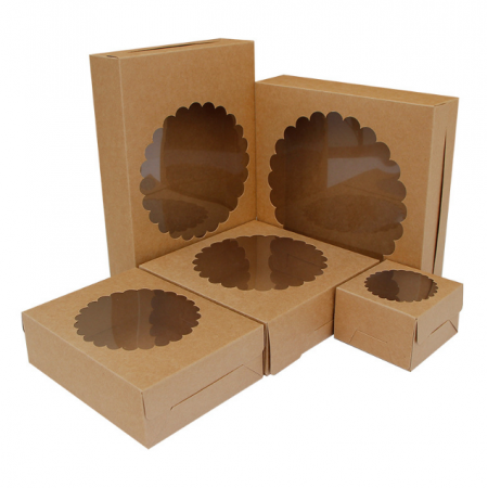 Recycled Kraft Paper Boxes With Clear Lids Small Brown Heart PVC Dessert Box 