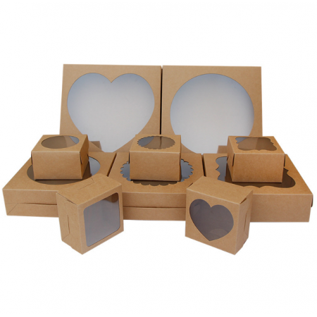 Recycled Kraft Paper Boxes With Clear Lids Small Brown Heart PVC Dessert Box 